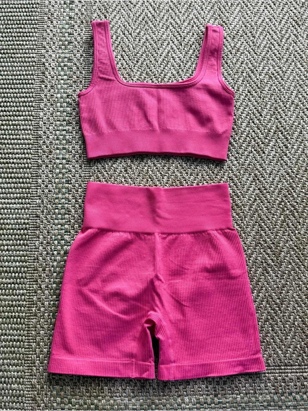 Pink Seamless Ribbed Crop Tank and High-Waist Shorts Set
